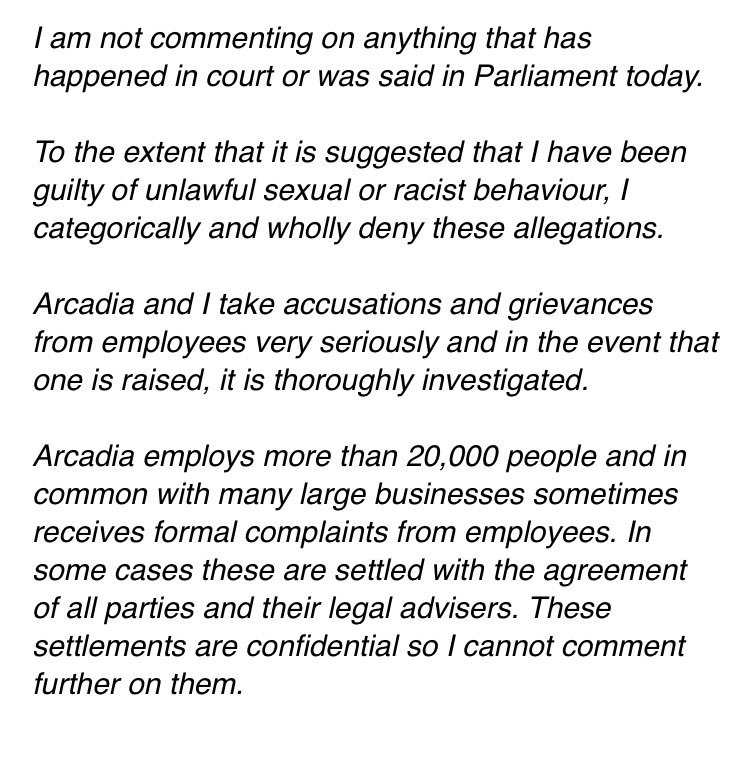 Statement from Sir Philip Green in response to his name being revealed (in parliament.) as man in Telegraph investigation   