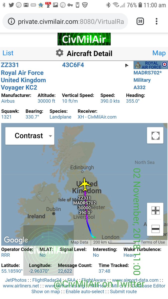 QRA - Tanker scrambled from RAF Brize Norton. 30,000ft heading over the Scottish borders -  Royal Air Force Voyager ZZ331 MADRS702   