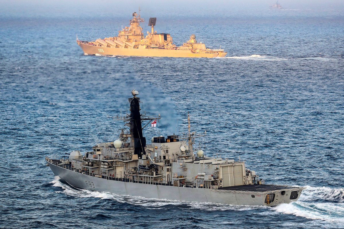 .@HMSStAlbans escorting the Russian cruiser Marshall Ustinov through the English Channel this week. (After taking over escort duty from French frigate FS Primaguet).   