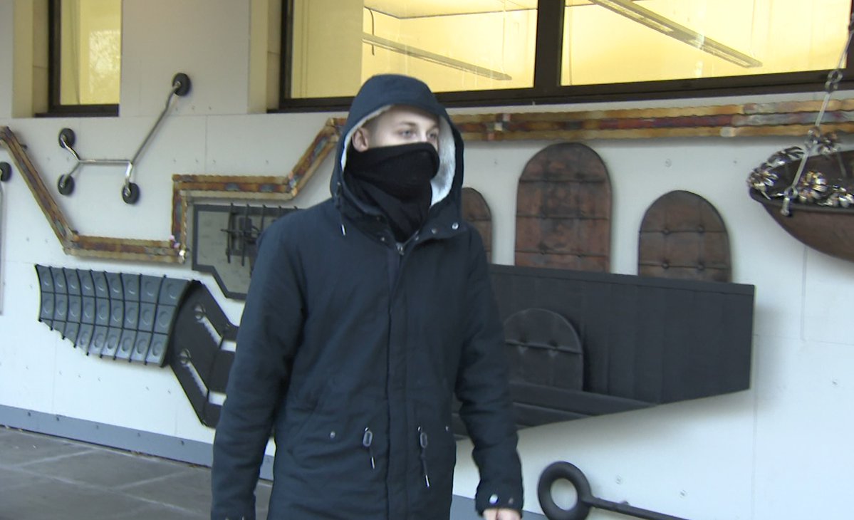 Two people have appeared at Westminster Magistrates' Court charged with terrorism offences linked to the neo-Nazi group Sonnenkrieg Division: Michal Szewczuk, 18, from Leeds (seen leaving court here), and a 17-year-old boy from London who cannot be identified for legal reasons   