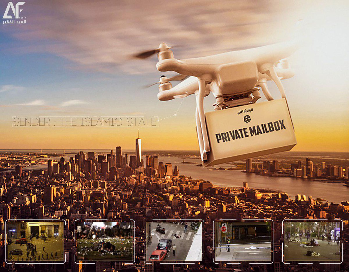 ISIS/linked group after recent Gatwick Airport drones incident just   spread this poster threatening the use of IS drones against EU and US cities 