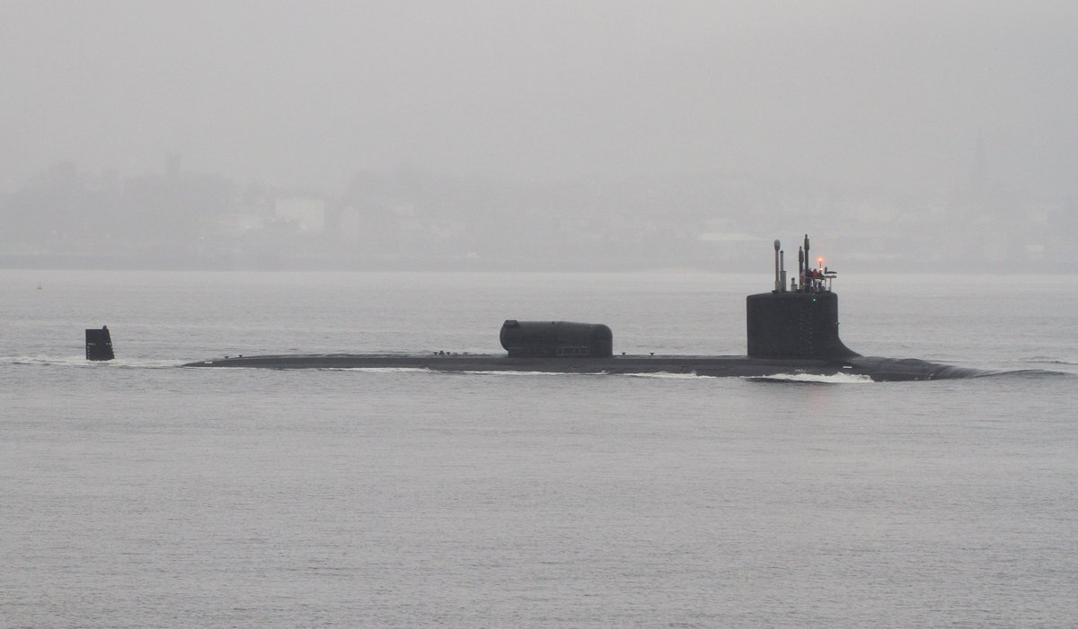 US Navy Virginia Class Submarine passing Gourock inbound for Faslane - Dry Deck Shelter (DDS) for Navy Seals attached 