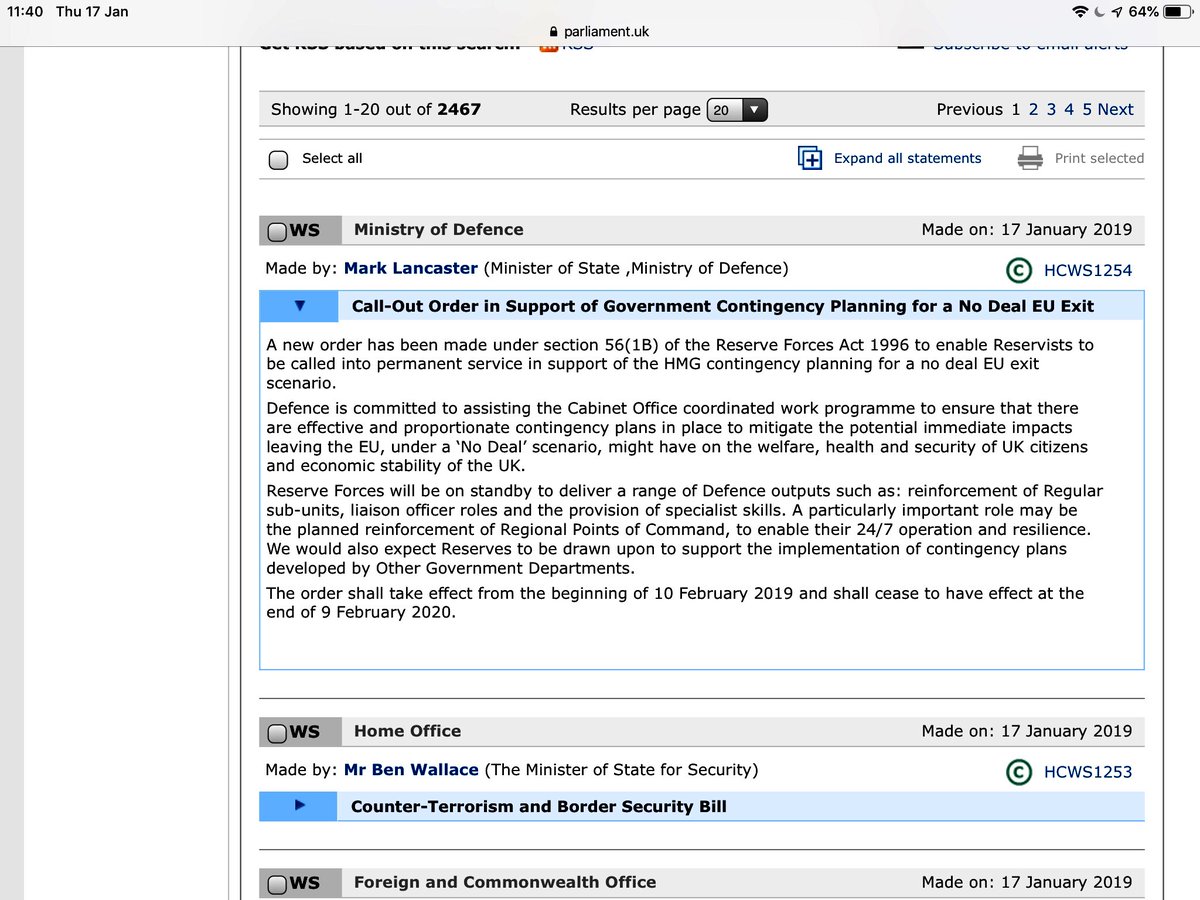 Written statement from @MarkLancasterMK confirming that reservists will be on standby from 10th February and may be called into permanent military service in case of a No Deal brexit   