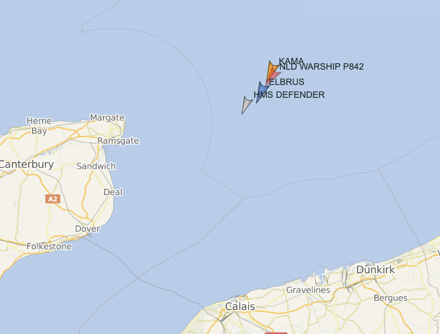The Russian frigate  Gorshkov is entering the Channel, almost 2 days after Moscow said it did. Visible on VesselFinder are two of its support vessels (tanker Kama, logistics Elbrus) and its escorts, HMS Defender and the Dutch navy vessel HNLMS Friesland.   