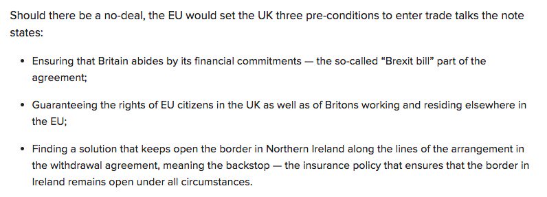 A diplomatic note of today's meeting seen by @BuzzFeedNews says that in event of a no-deal exit, the EU will have three pre-conditions before starting trade talk. One of them is the Northern Ireland backstop      