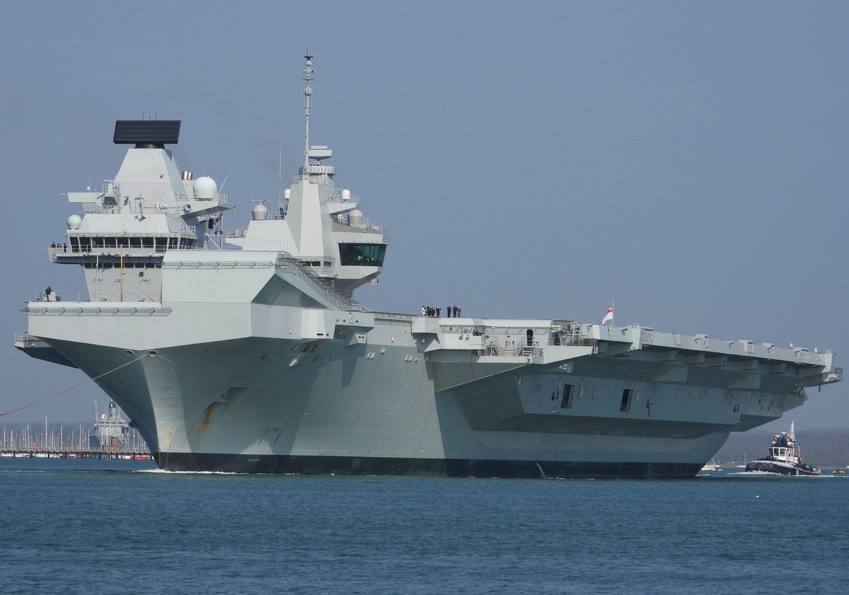 HMS Queen Elizabeth departing Portsmouth for Rosyth 1st April 2019.   