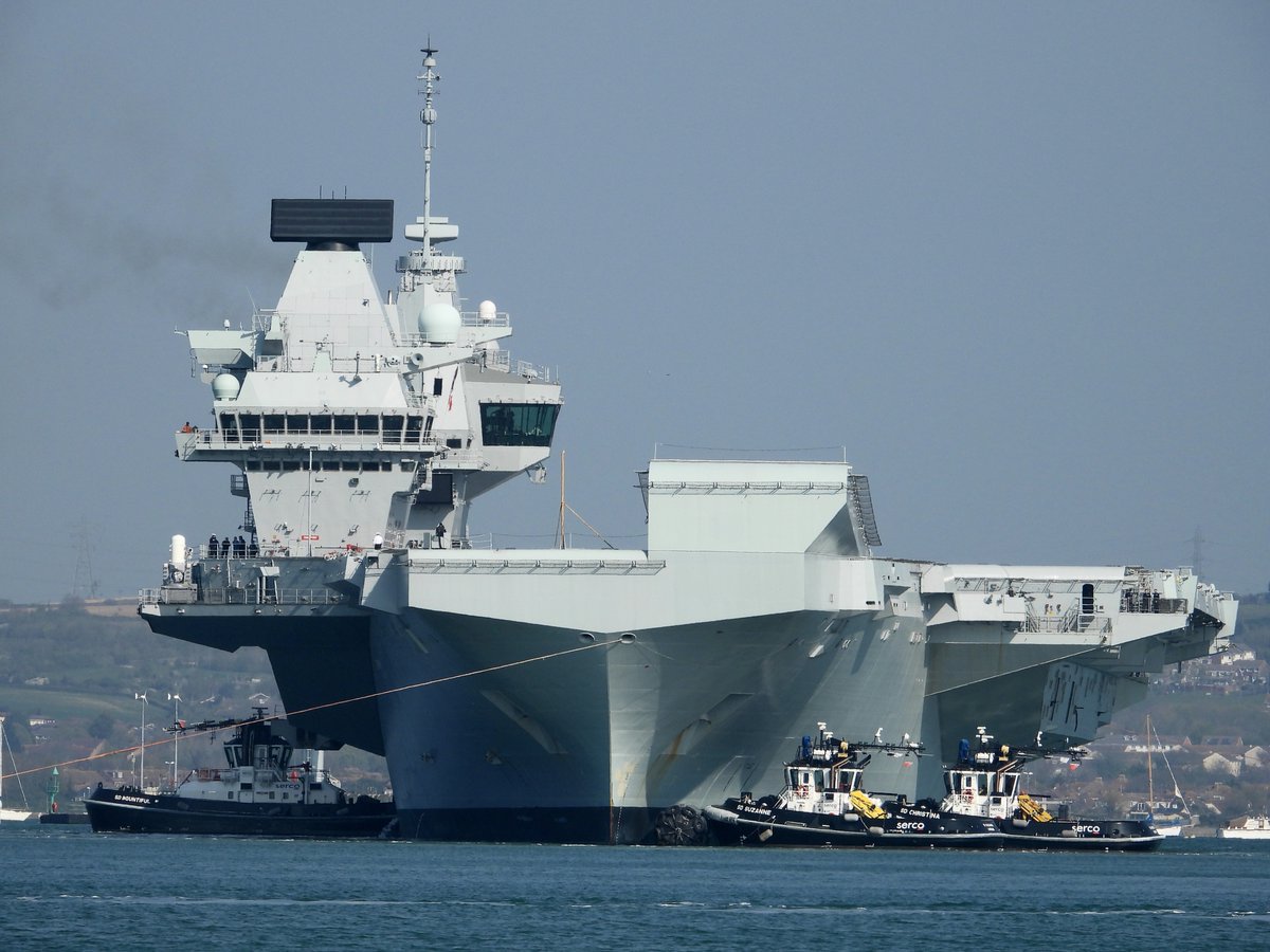 HMS Queen Elizabeth departing Portsmouth for Rosyth 1st April 2019.   