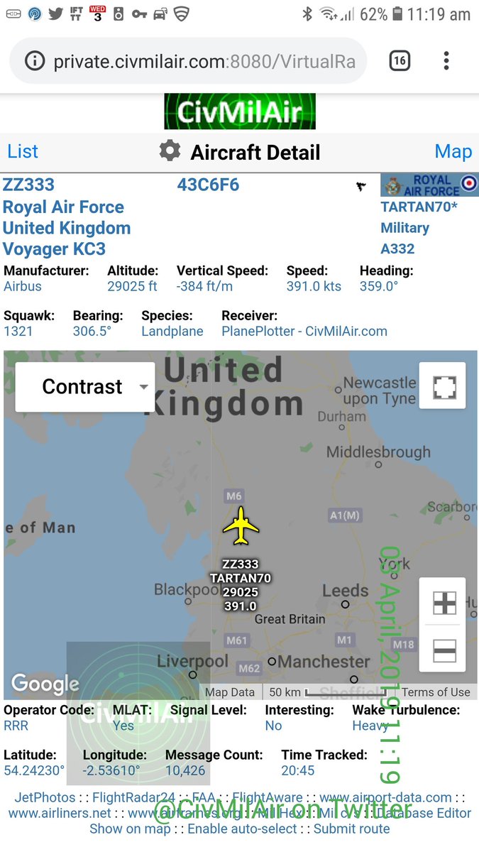 QRA - Quick Reaction Alert  Voyager tanker scrambled from RAF Brize Norton and heading north. Typhoons launched from RAF Lossiemouth.   Royal Air Force Voyager ZZ333 TARTAN70   