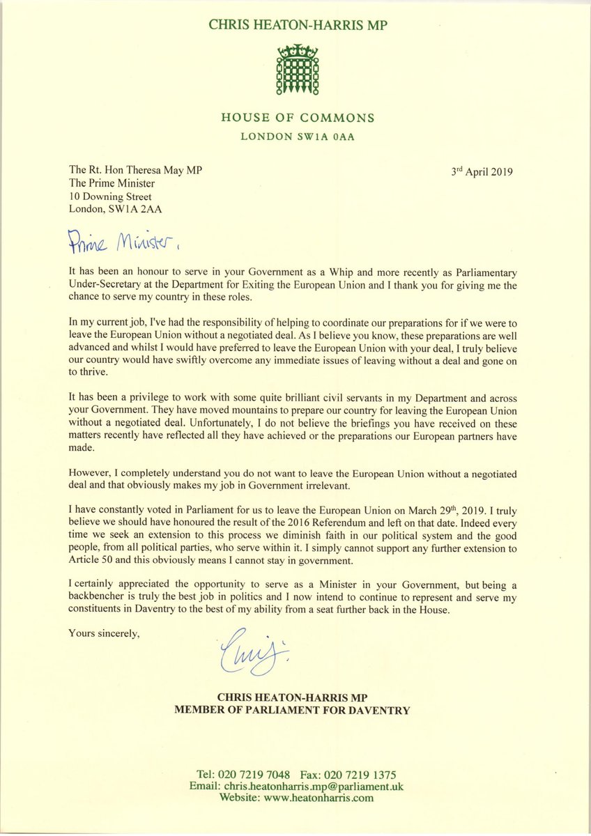 Chris Heaton-Harris: After much contemplation, I have decided to leave Theresa May's Government. I'm grateful to the PM for giving me the opportunity to serve the UK and I will continue to represent my constituents as the MP for Daventry.   