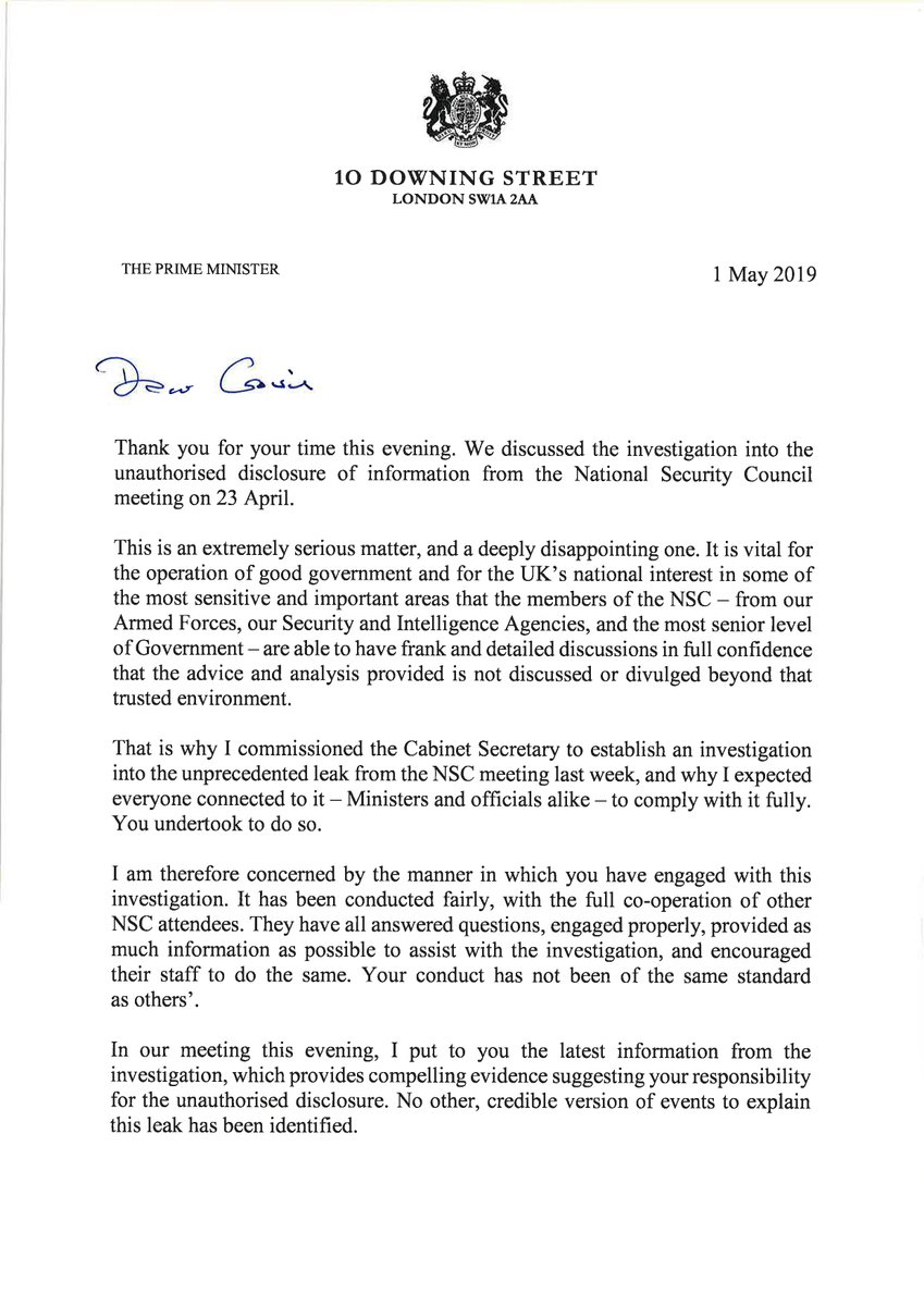 It is therefore with great sadness that I have concluded that I can no longer have full confidence in you  UK PM Theresa May's letter to Gavin Williamson sacking him as Defence Secretary    