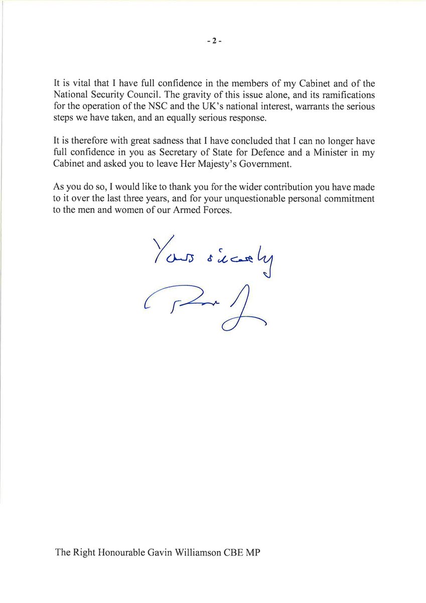 It is therefore with great sadness that I have concluded that I can no longer have full confidence in you  UK PM Theresa May's letter to Gavin Williamson sacking him as Defence Secretary    