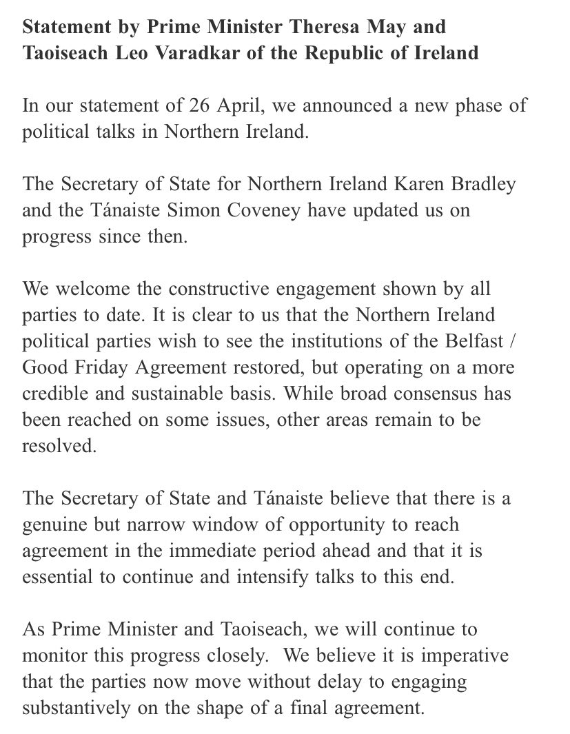 Joint statement just in from @LeoVaradkar and @theresa_may on intensifying talks in Northern Ireland   
