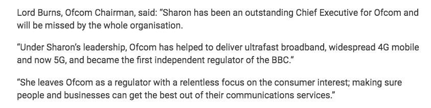 Ofcom chief Sharon White resigning one of the most powerful positions in the UK media. She's been in post since 2015. 