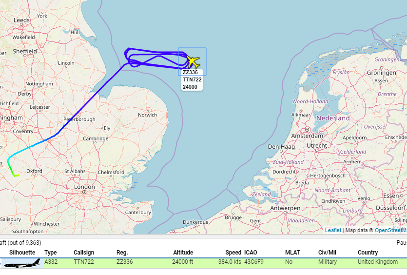 ***TARTAN722 ZZ336 RAF KC3 out of Brize- Squawking 1321 QRA - in AARA8. 1935z***   