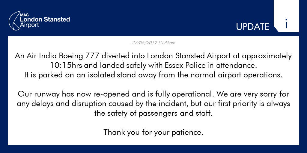 Statement from the Stansted airport. London   