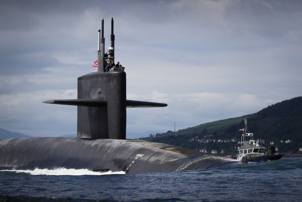 USS Alaska (SSBN 732), a ballistic missile submarine, arrives at Her Majesty's Naval Base Clyde, Scotland Tuesday armed with 24 Trident II D-5 ballistic missiles each with multiple independent nuclear warheads (Photo: LPhot Stevie Burke)   