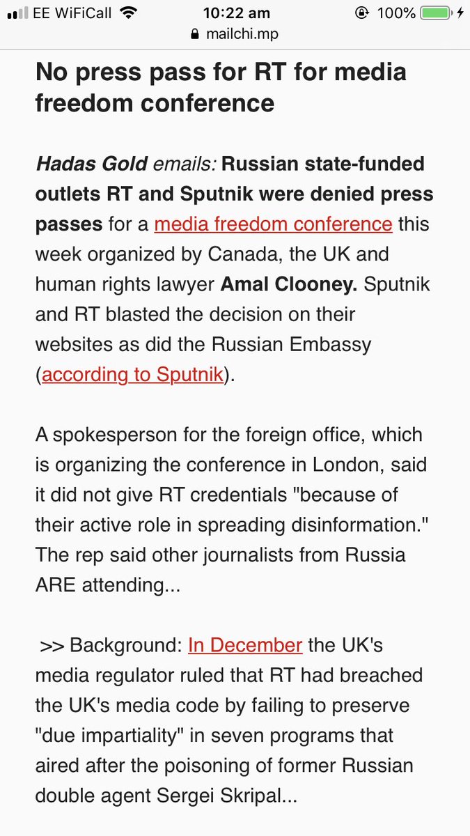Russia state funded news orgs RTSputnik has been barred from a global media freedom conference in London this week (hosted by UK, Canada and Amal Clooney) because of their active role in spreading disinformation