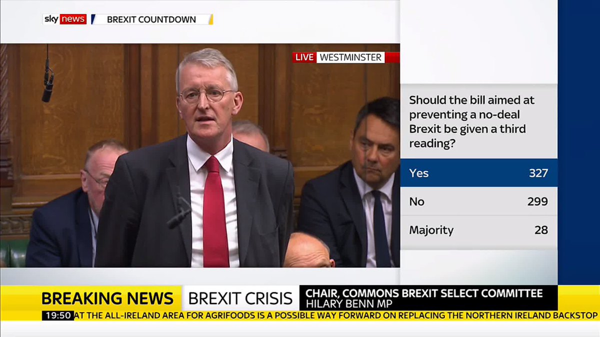 Hillary Benn says the Commons has spoken and Boris Johnson should uphold the law and fulfil the obligations placed upon him by this bill and delay Brexit to avoid leaving with no-deal. 