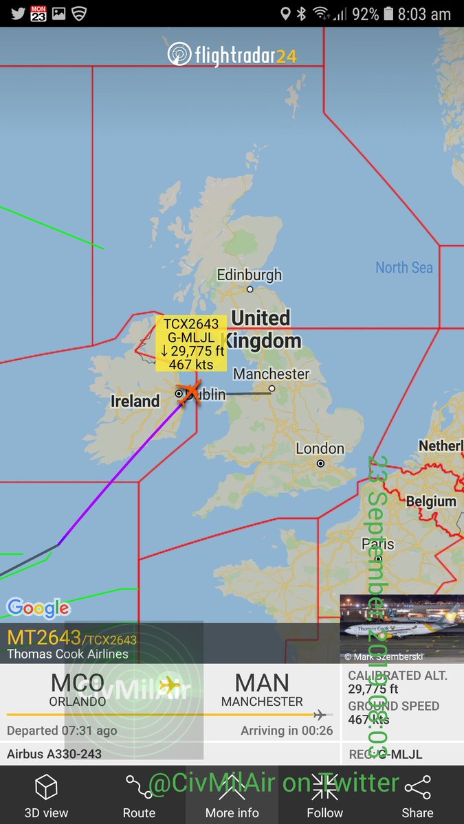 Last of the ThomasCook flights to get airborne, heading back in to Manchester