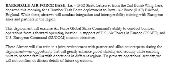 A bomber task force of B-52s from the 2nd Bomb Wing at Barksdale are deploying to RAF Fairford, England