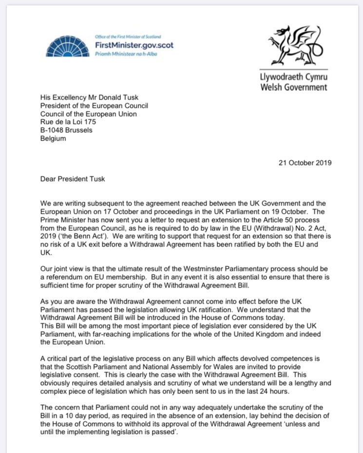 Letter from Scottish and Welsh First Ministers to Donald Tusk asking for him to support Brexit extension to allow scrutiny and time for 2nd referendum