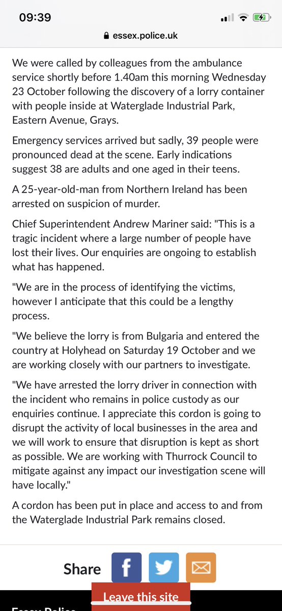 Police statement after 39 bodies found inside a lorry in Essex, 25 year old man from Northern Ireland arrested on suspicion of murder
