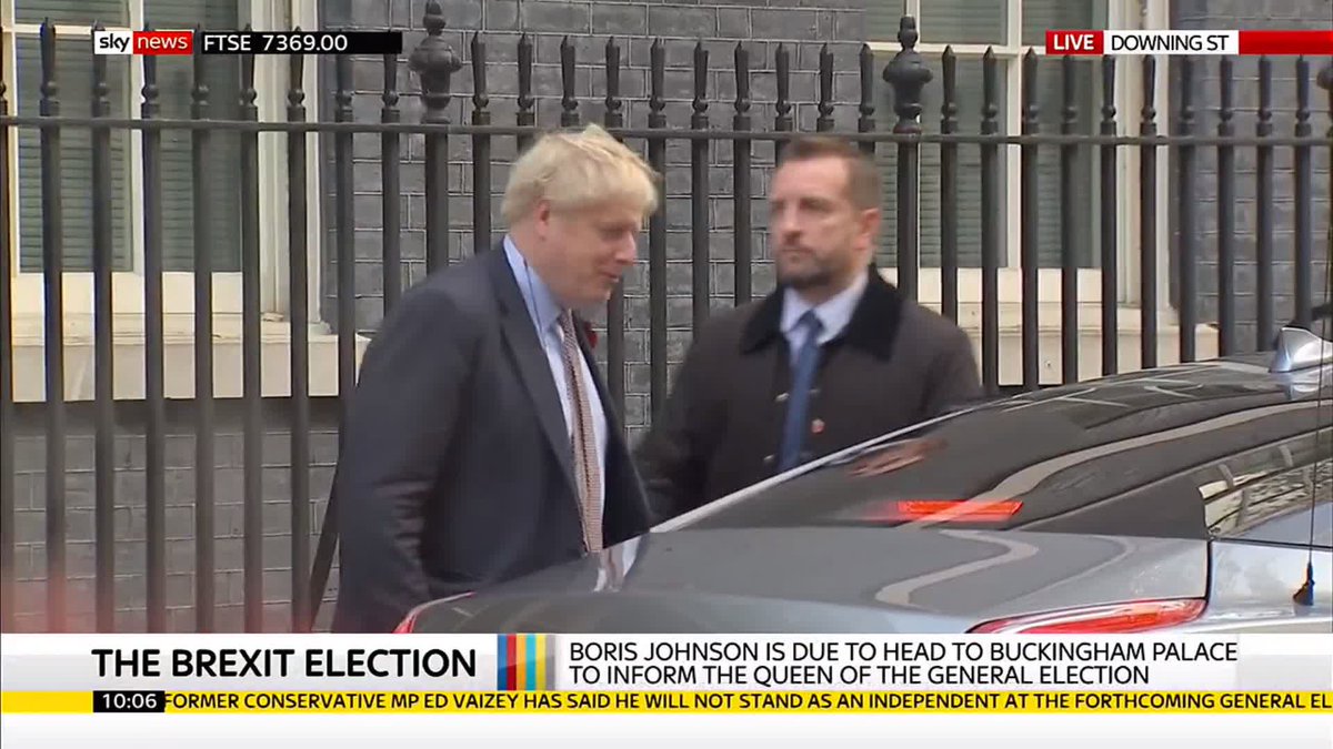 Prime Minister @BorisJohnson leaves for Buckingham Palace to inform the Queen of the general election. 
