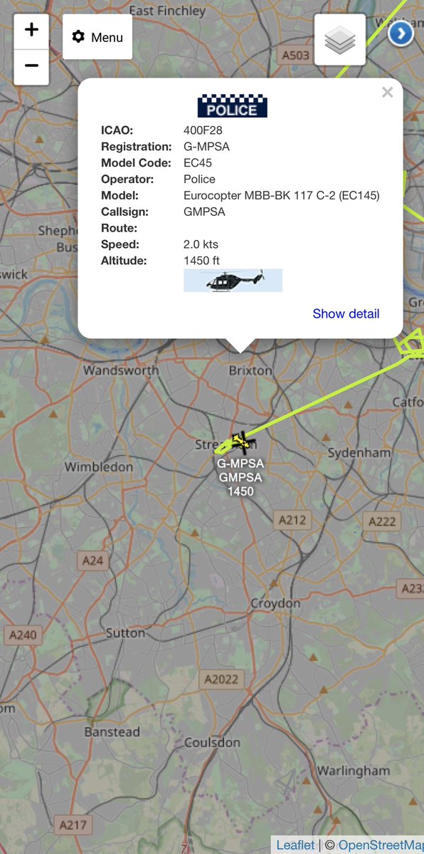 Met Police helicopter currently up over the incident location in southern London