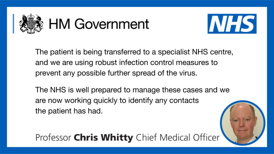 Further patient in England has tested positive for coronavirus bringing the total number of cases in the UK to three. The individual did not acquire this in the UK.