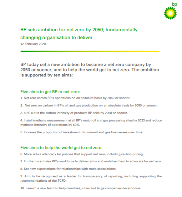 BP announces plan to be net zero emissions by 2050 (with a few caveats). This is the first move by new BP CEO Bernard Looney    $BP 