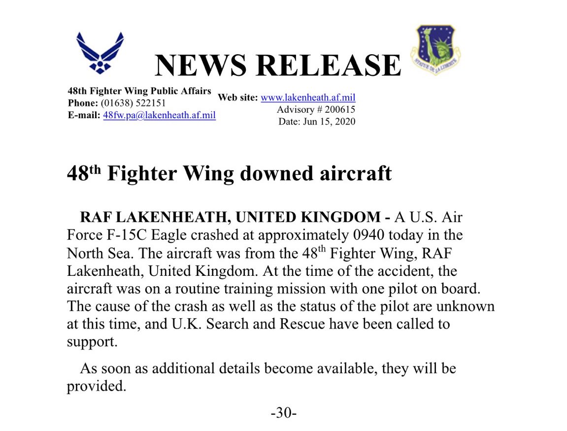 A U.S. fighter jet has crashed of the coast of the U.K. during a routine training mission. There was one pilot on board. Search and rescue teams have been deployed 2NewsAM 