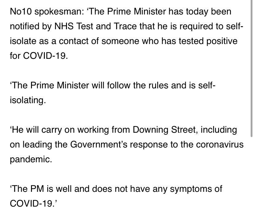The PM is self isolating after being contacted by NHS test & Trace. He met a small group of MPs on Thursday morning, one of them was Lee Anderson who subsequently tested positive for Covid-19