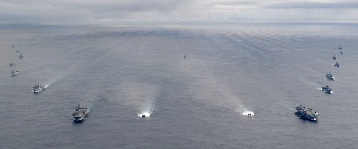 A large group of NATO warships converged in the North Atlantic 17 May as the HMS QUEEN ELIZABETH @HMSQNLZ carrier strike group, UK Royal Navy's Littoral Response Group North led by HMS ALBION L14 & US IWO JIMA ARG Amphibious Ready Group all joined up