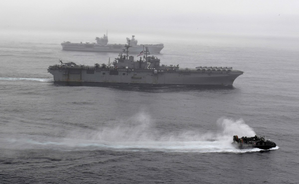 A large group of NATO warships converged in the North Atlantic 17 May as the HMS QUEEN ELIZABETH @HMSQNLZ carrier strike group, UK Royal Navy's Littoral Response Group North led by HMS ALBION L14 & US IWO JIMA ARG Amphibious Ready Group all joined up