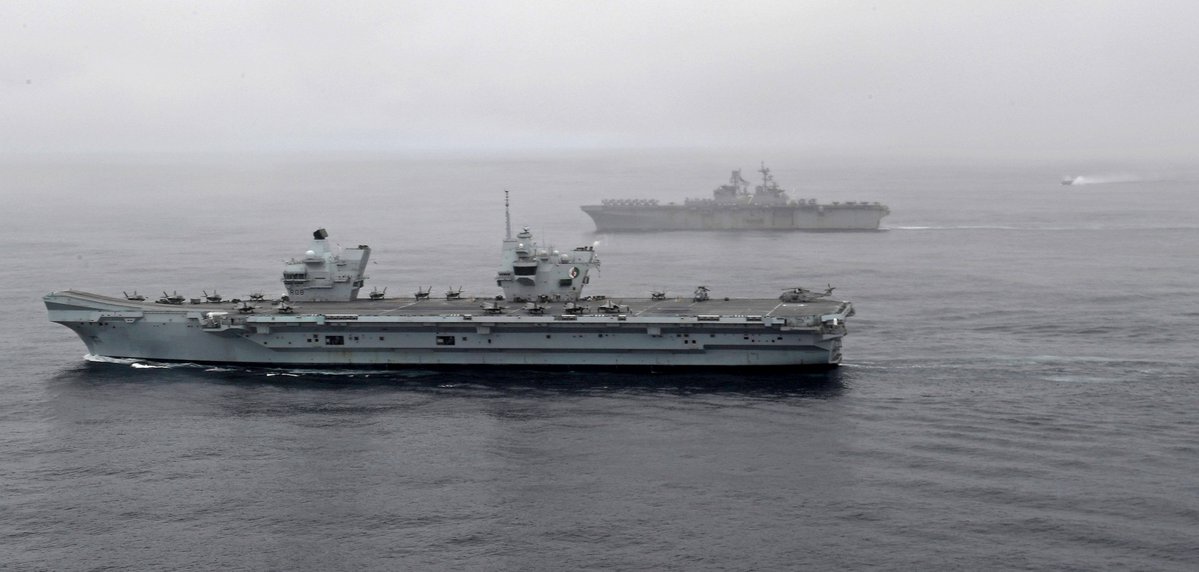 A large group of NATO warships converged in the North Atlantic 17 May as the HMS QUEEN ELIZABETH @HMSQNLZ carrier strike group, UK Royal Navy's Littoral Response Group North led by HMS ALBION L14 & US IWO JIMA ARG Amphibious Ready Group all joined up