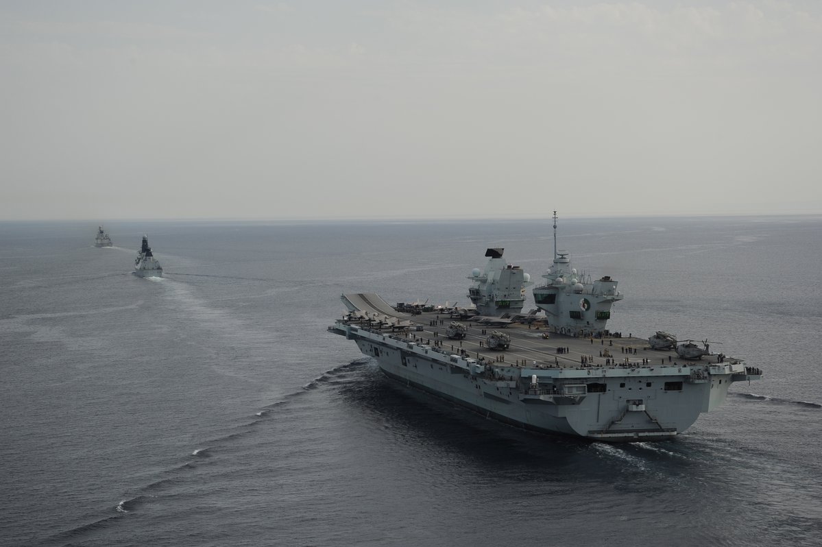 The #UKCarrierStrikeGroup has been in the Mediterranean carrying out exercises and operations with @NATO. They recently passed through the Strait of Messina led by Italian destroyer Andrea Doria. The task group is now continuing its journey east.