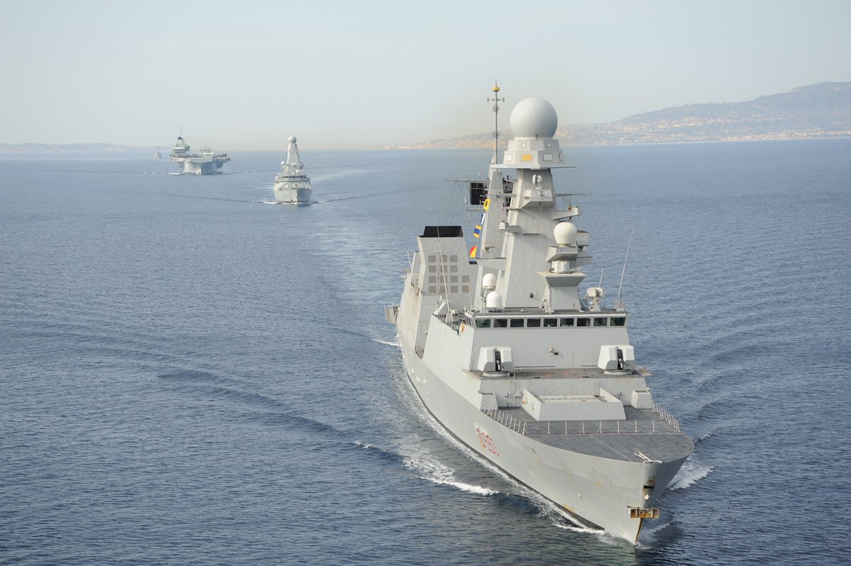 The #UKCarrierStrikeGroup has been in the Mediterranean carrying out exercises and operations with @NATO. They recently passed through the Strait of Messina led by Italian destroyer Andrea Doria. The task group is now continuing its journey east.