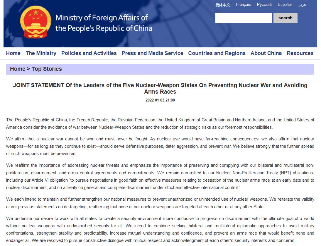 Leaders of the five nuclear-weapon states affirm that a nuclear war cannot be won and must never be fought