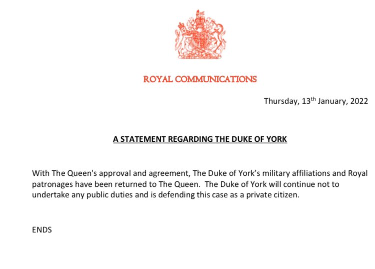 Buckingham Palace announces that Prince Andrew will no longer hold military affiliations or royal patronages