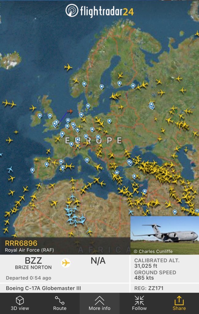 6th C-17 heading out from RAF Brize Norton heading towards Kyiv with a weapons shipment of anti-tank guided missiles or military supervisors