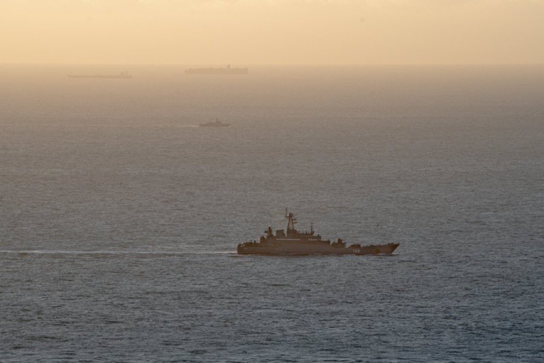 A photo of the Ropucha-class Korolev landing ship followed by the Flamant (P 676) patrol boat during the transit of Russian ships across the English Channel