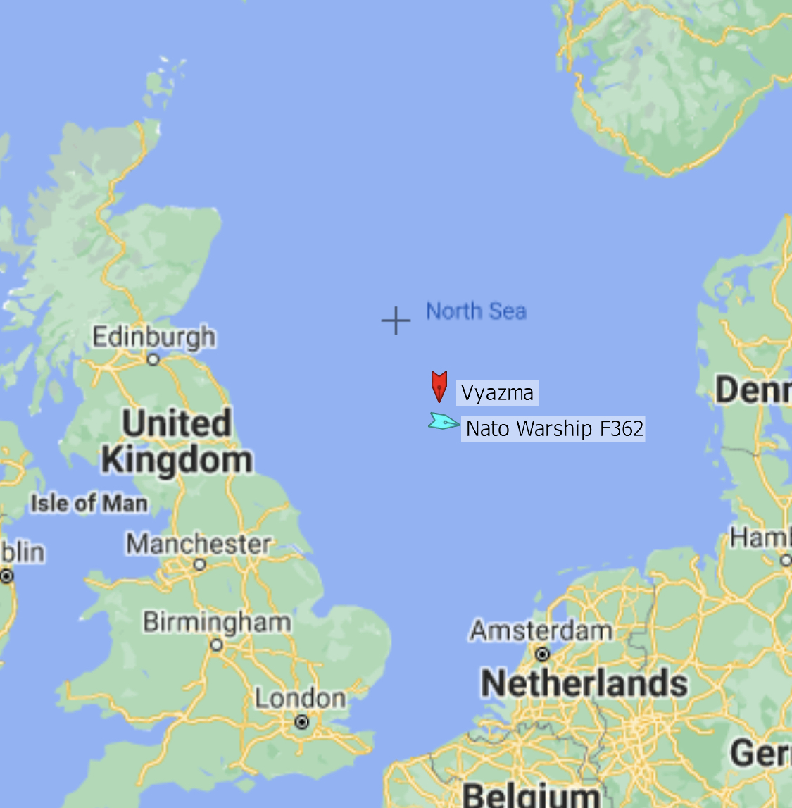 Some navy vessels of Russia's Northern Fleet are heading South towards the Channel. Only the position of an associated tanker, the Vyazma, is visible. In its path is Danish frigate HDMS Peter Willemoes (F362), currently part of NATO's SNMG1 (NATO Standing Maritime Group 1)