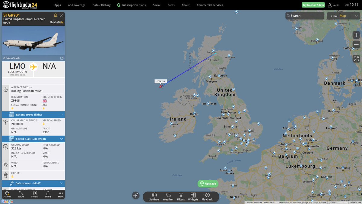 RAF P8 Poseidon STGRY01 tracking off the coast of Ireland