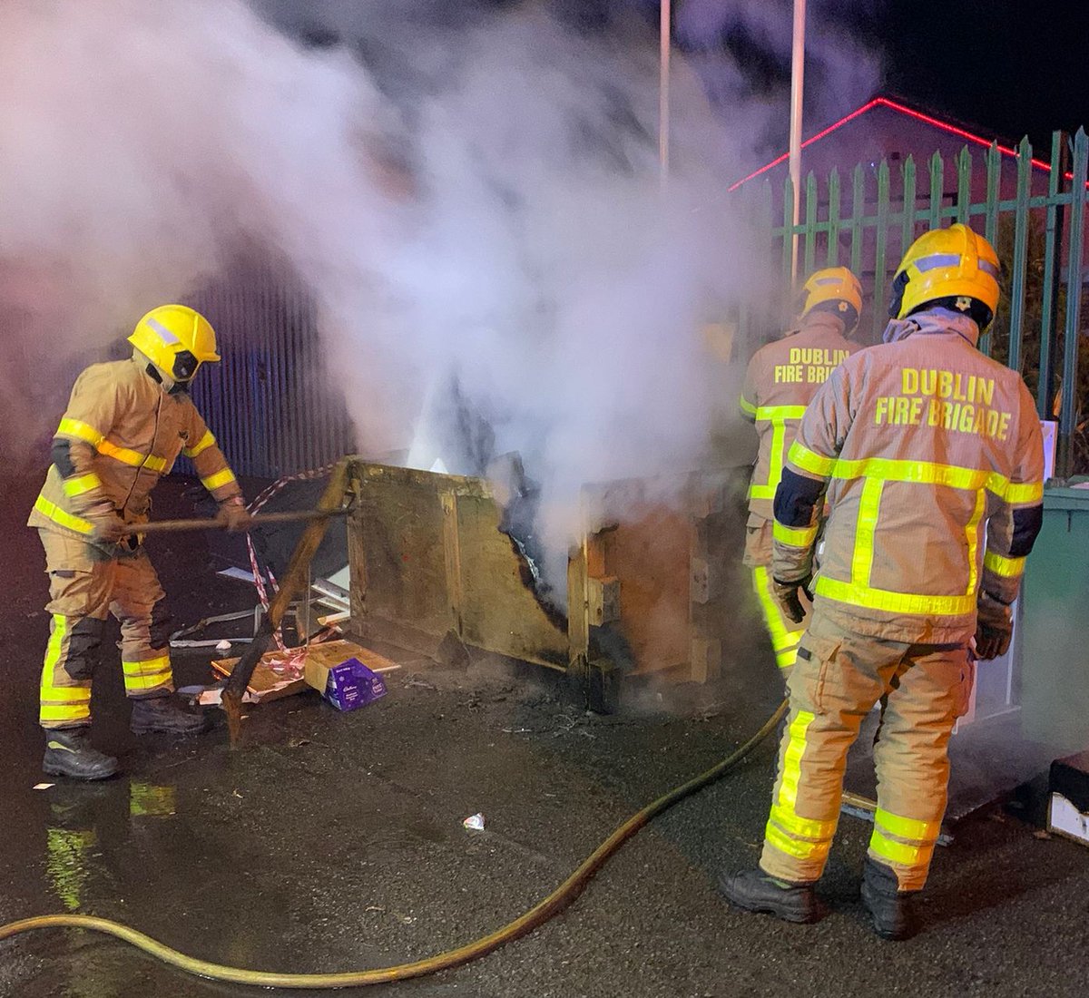 Dublin Fire Brigade:Firefighters extinguishing a make shift skip fire in West Dublin  fire