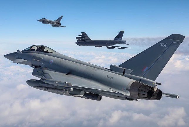 British Typhoon jets met up with American B-52 bombers off the coast of Scotland today to snap a few photos as the bombers arrived in the United Kingdom, here are a few of them