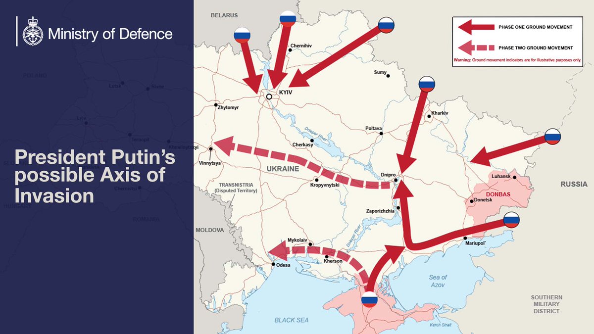 British Ministry of Defense: Russia retains a significant military presence that can conduct an invasion without further warning.  Below demonstrates President Putin's possible axis of invasion. He still can choose to prevent conflict and preserve peace