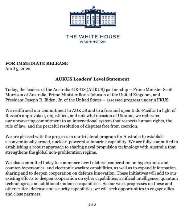 We also committed today to commence new trilateral cooperation on hypersonics and counter-hypersonics, and electronic warfare capabilities, as well as to expand information sharing and to deepen cooperation on defense innovation. - AUKUS leaders' statement