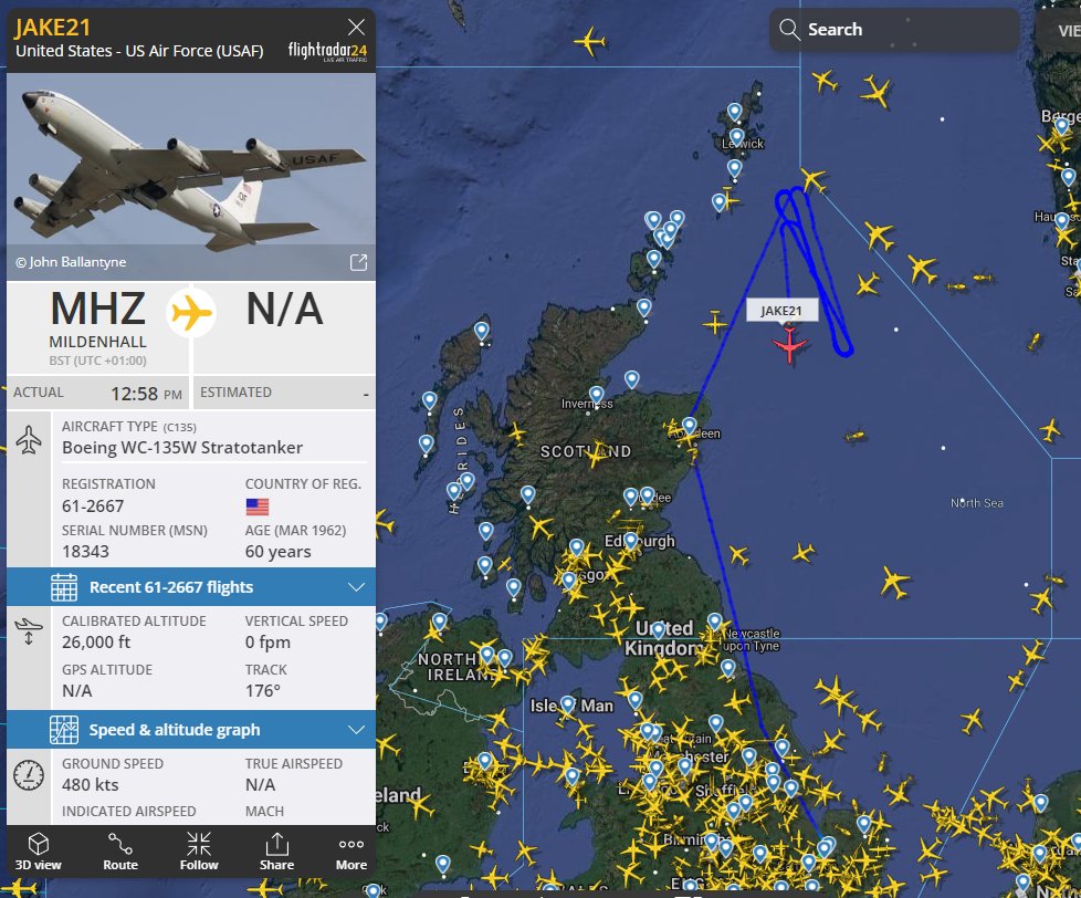 USAF nuke-sniffer has been patrolling the North Sea for the last hour or so