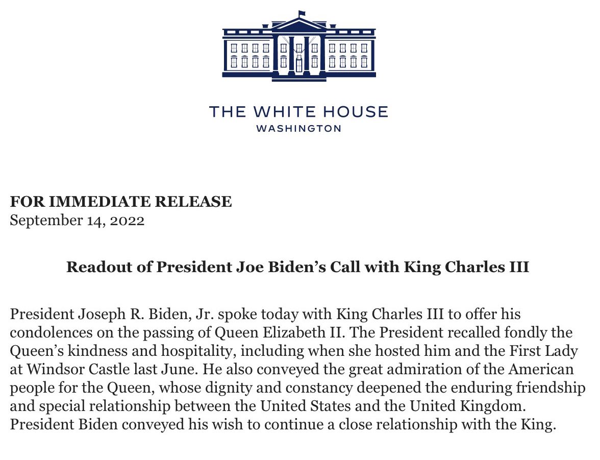 White House says that President Biden and King Charles spoke earlier today