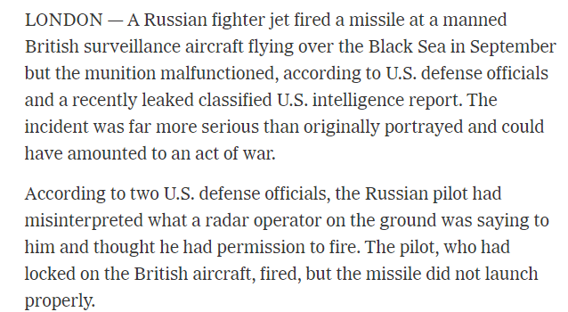 En septiembre pasado, el piloto ruso había malinterpretado lo que le decía un operador de radar en tierra y pensó que tenía permiso para disparar. El piloto, que se había fijado en el avión británico, disparó, pero el misil no se lanzó correctamente.